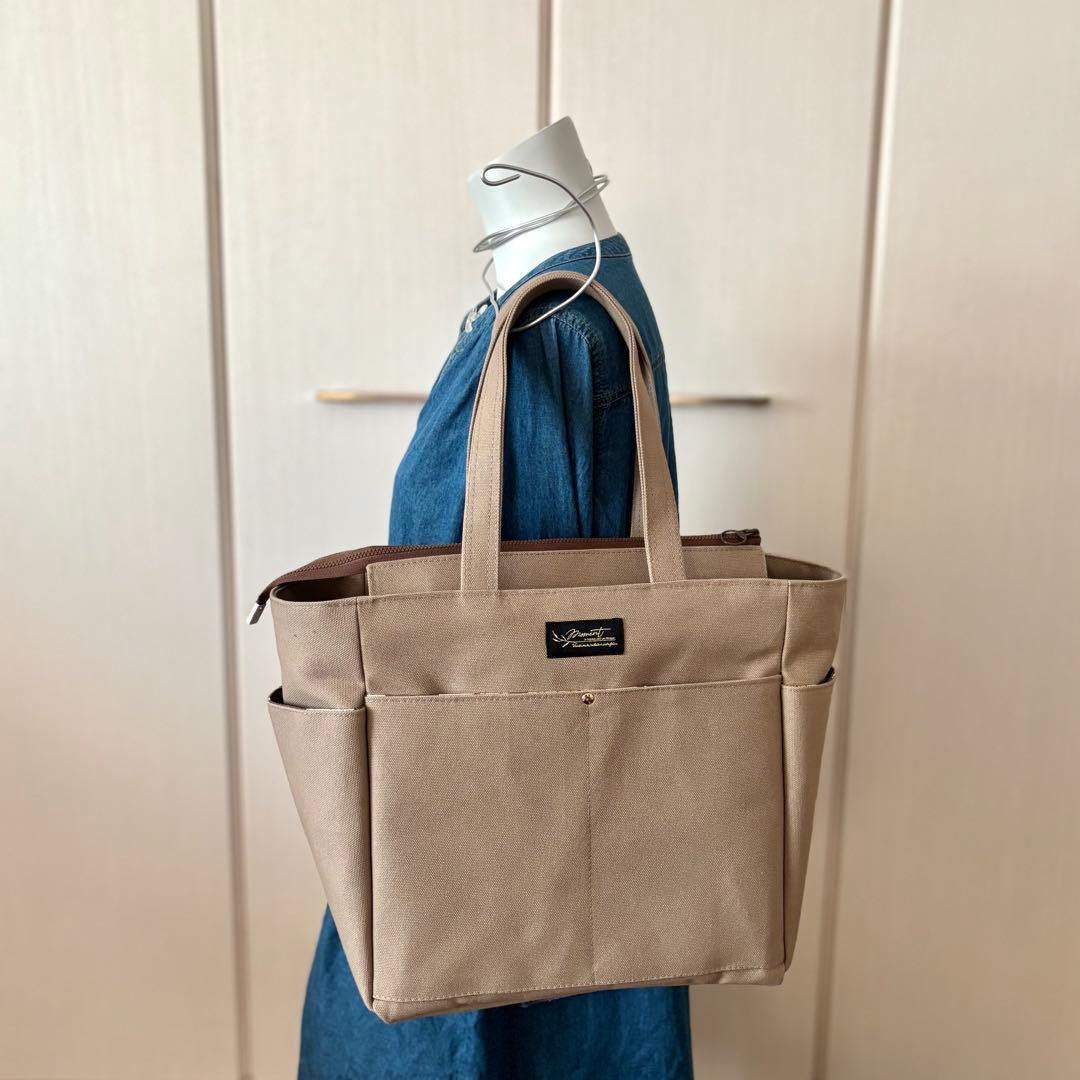 倉敷8号帆布サイドポケット付きトートバッグL マッシュルーム　ファスナー開閉