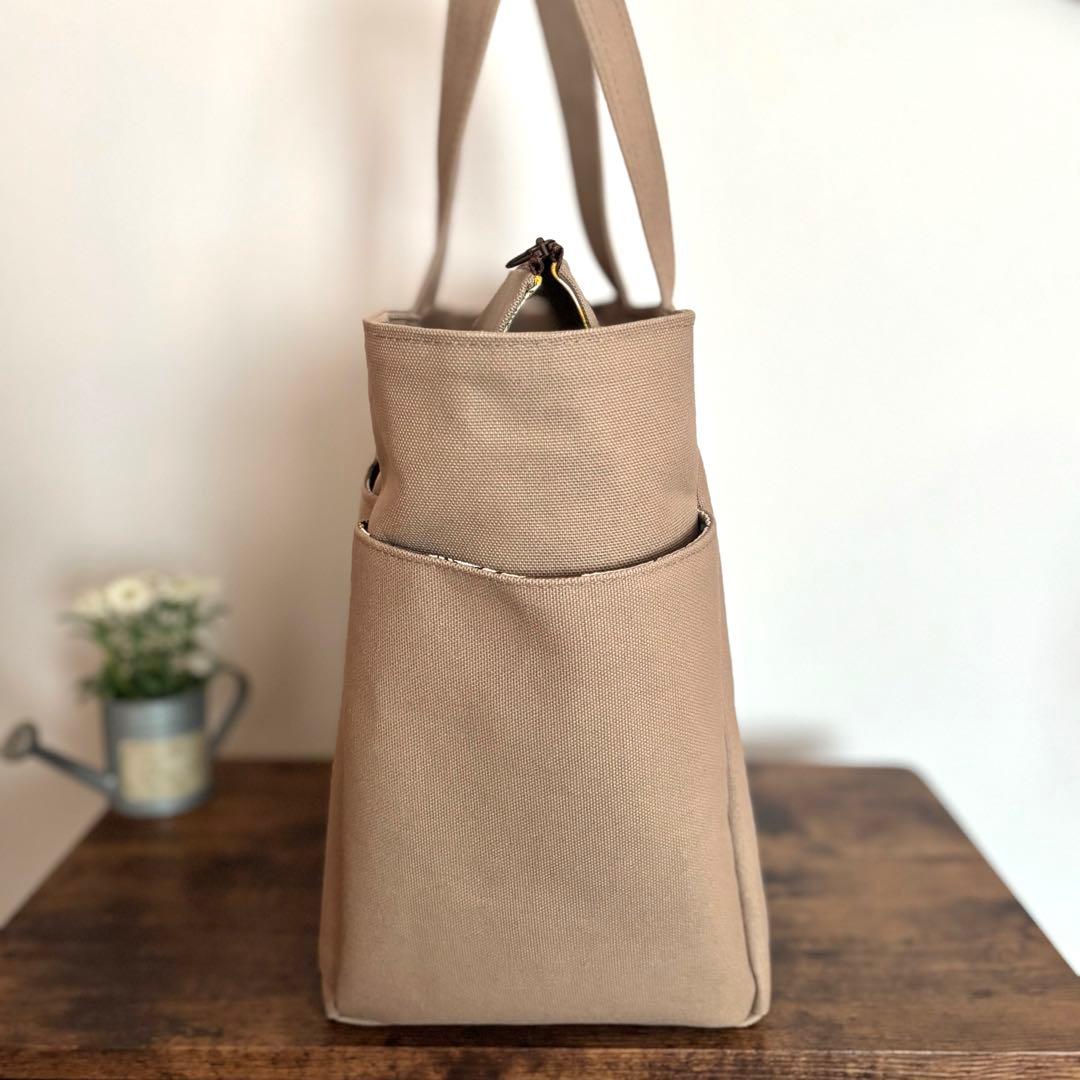 倉敷8号帆布サイドポケット付きトートバッグL マッシュルーム　ファスナー開閉