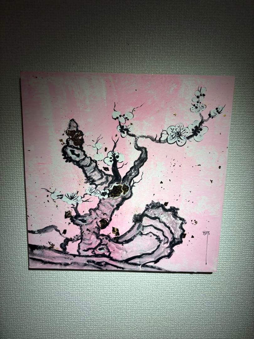 【和紙アート】梅図／水炭・金彩風装飾 桜の木 抽象水彩画 正方形