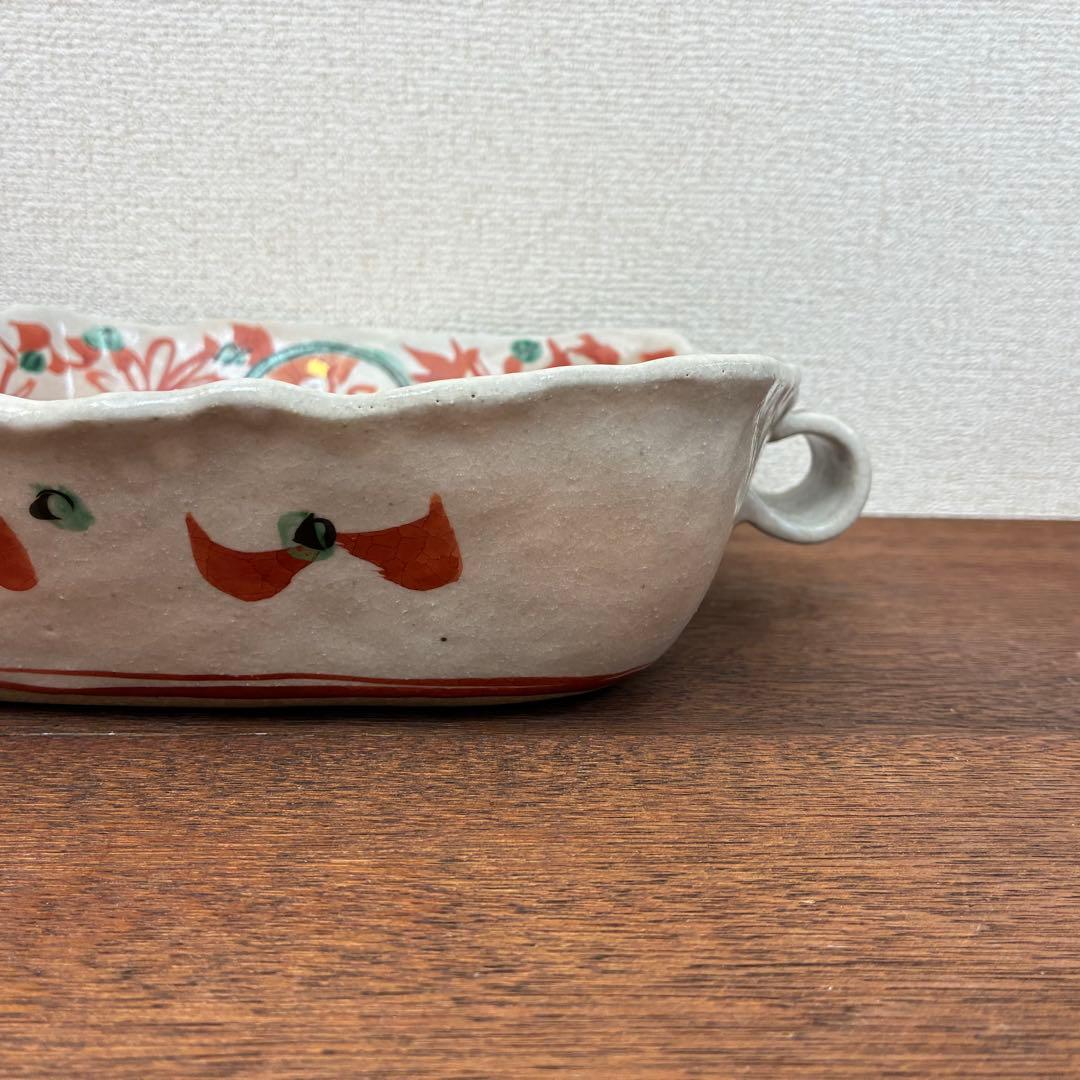 美濃焼 角皿 赤絵花文 耳付き 大鉢 金彩