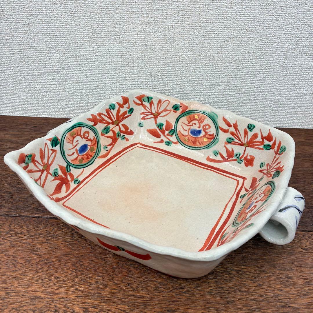 美濃焼 角皿 赤絵花文 耳付き 大鉢 金彩