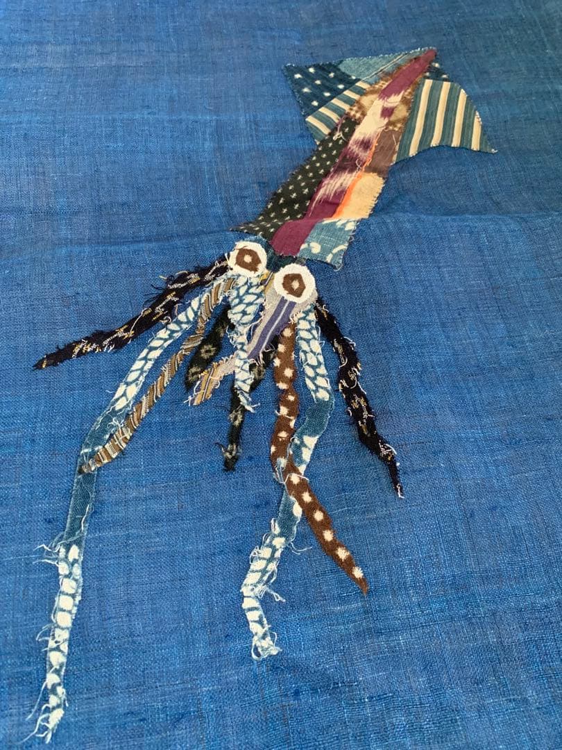 新品 藍染 暖簾 のれん 麻のれん イカ柄 和小物