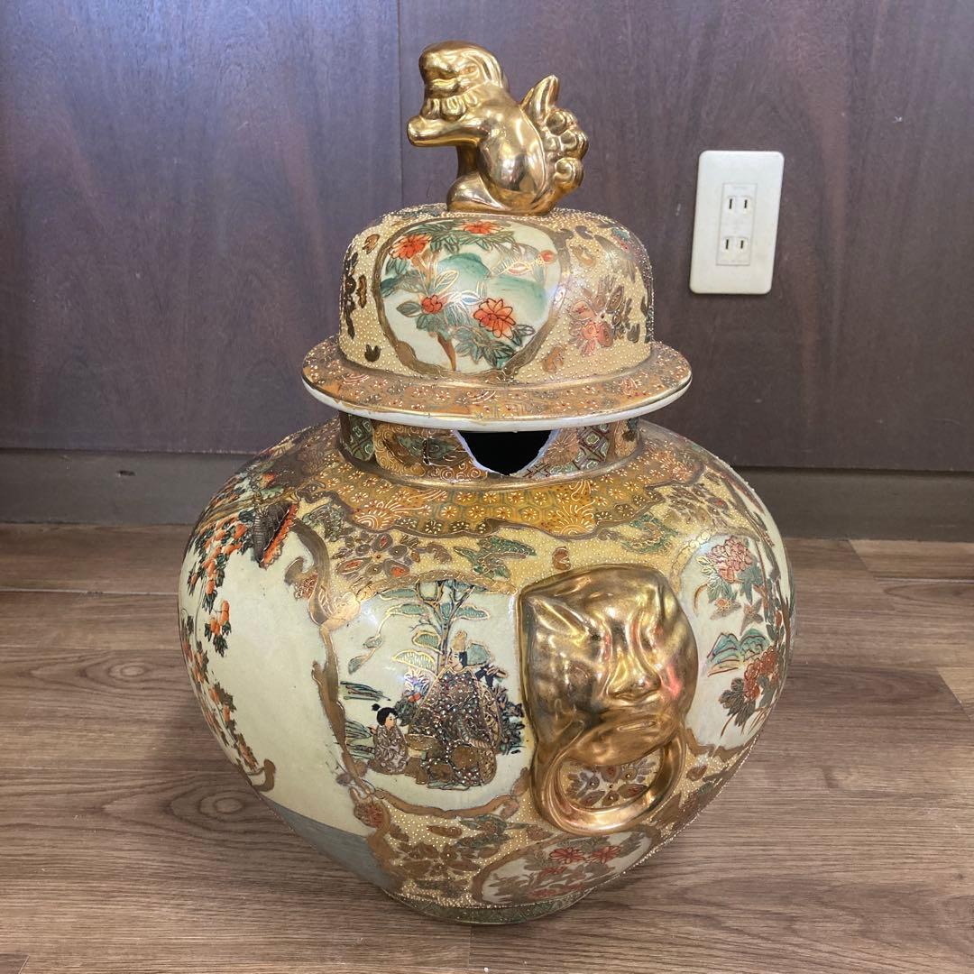 E-4 【豪華絢爛】薩摩焼 金襴手 沈香壺 大壺 獅子蓋 飾壷