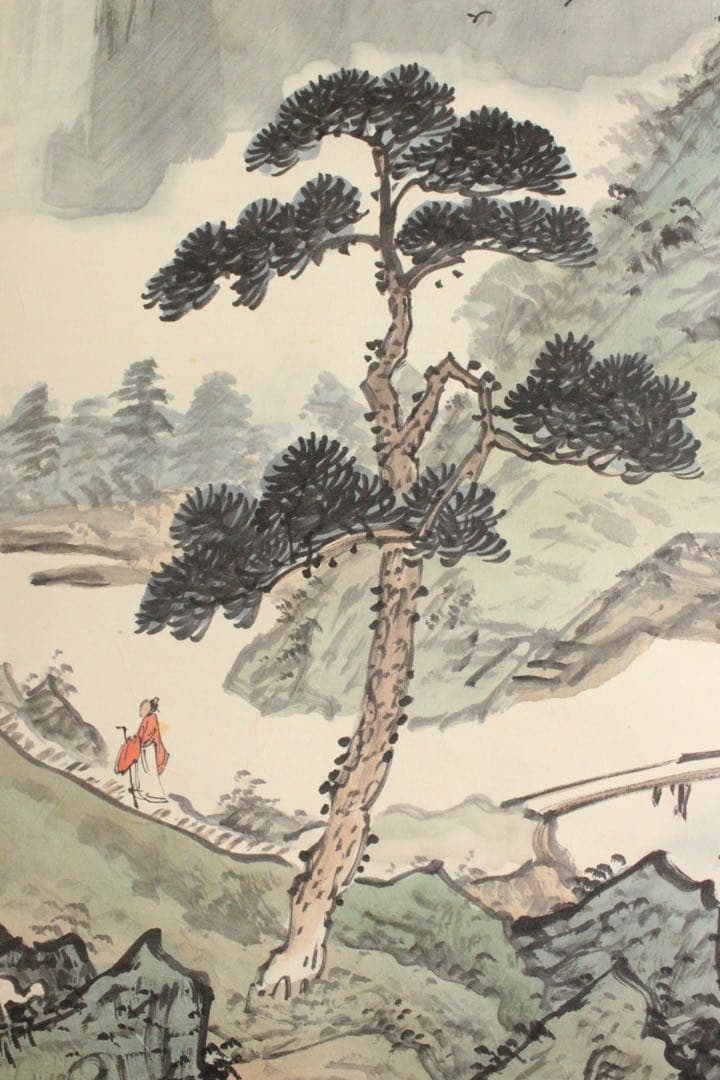 No4494 掛軸　中国画　黄再金　山水画賛　山明水秀　着色絹本 唐物送料無料