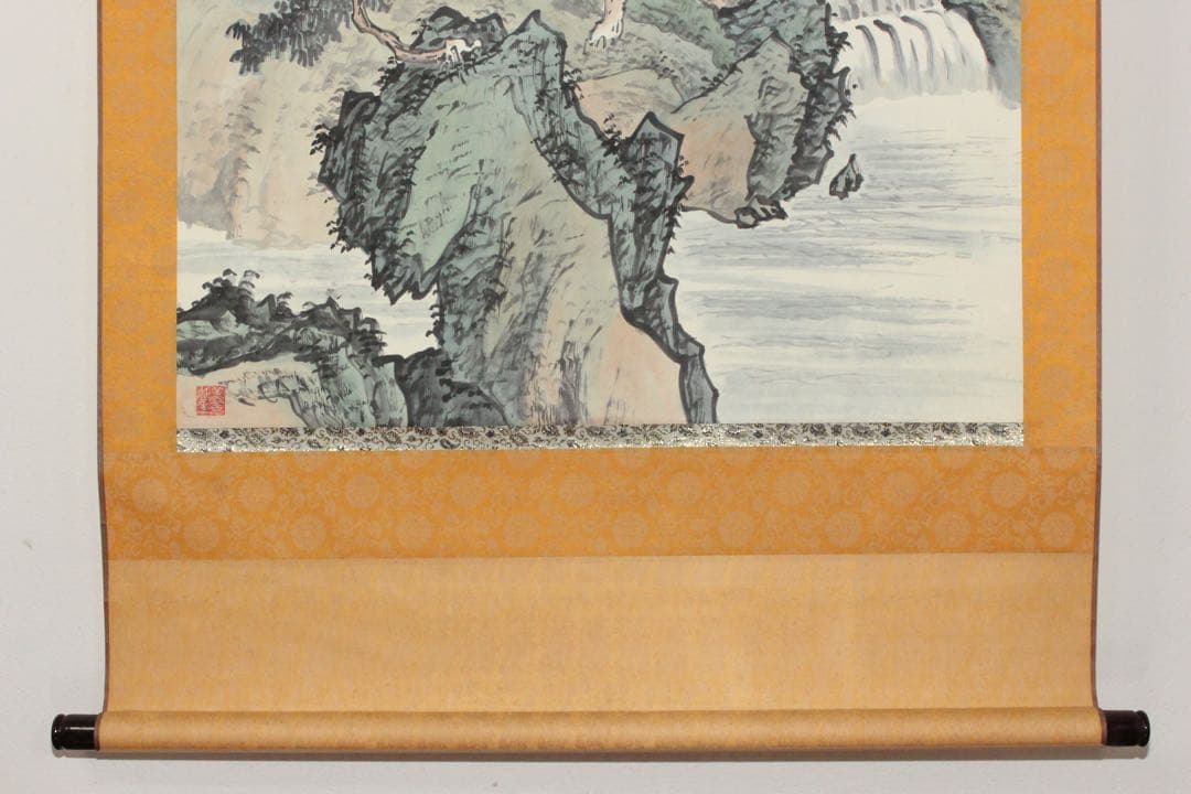 No4494 掛軸　中国画　黄再金　山水画賛　山明水秀　着色絹本 唐物送料無料