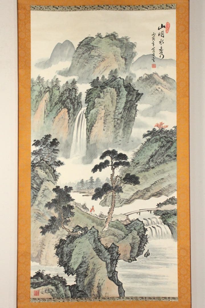 No4494 掛軸　中国画　黄再金　山水画賛　山明水秀　着色絹本 唐物送料無料