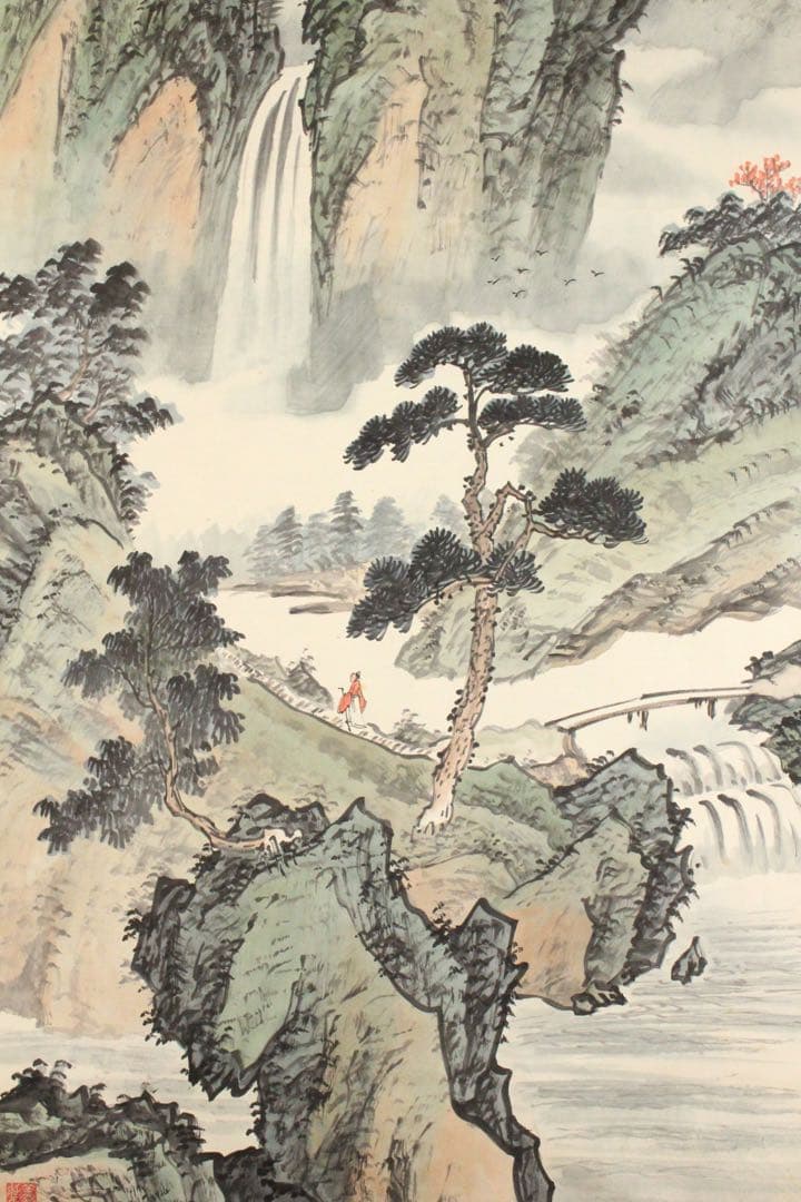 No4494 掛軸　中国画　黄再金　山水画賛　山明水秀　着色絹本 唐物送料無料