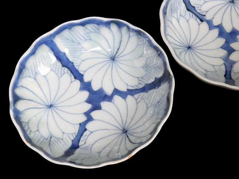 古伊万里　染付　割絵　菊の図　膾皿　３客　D760AS-BVk