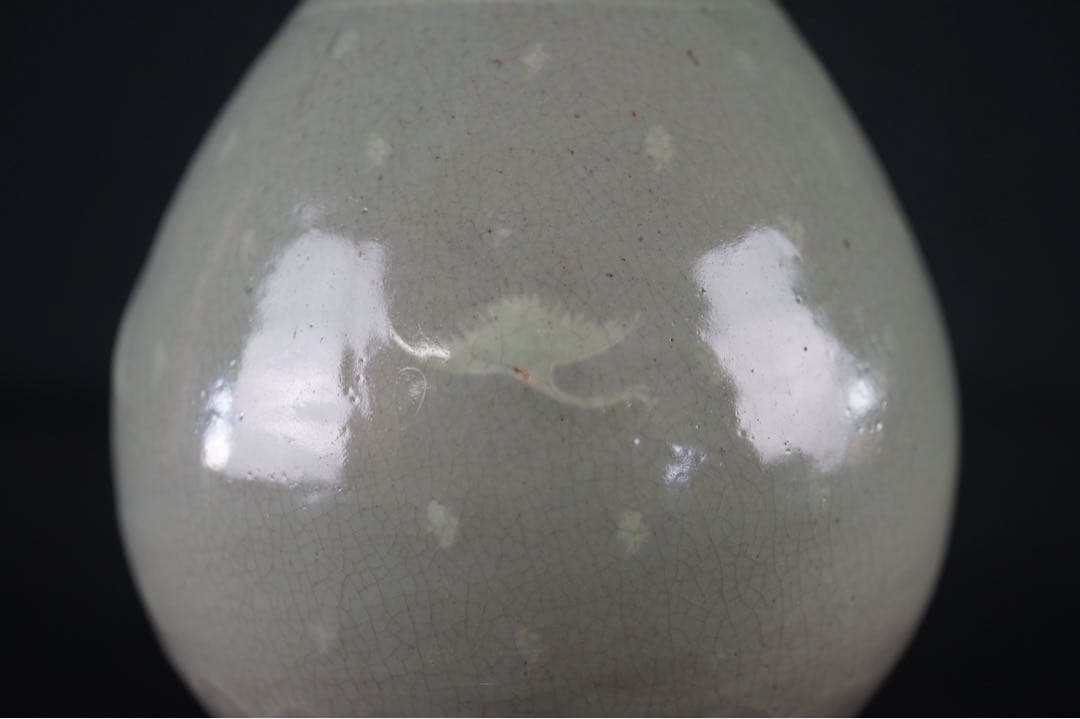 高麗青磁象嵌 鶴文 陽刻花弁文 花瓶 朝鮮古陶磁器 李朝時代 朝鮮美術