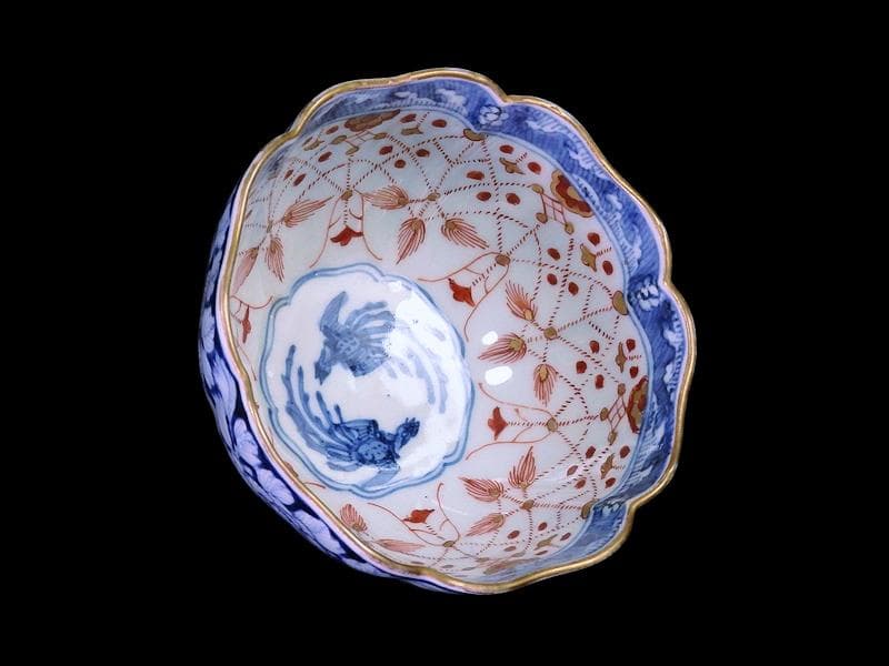 古伊万里　染錦　瓔珞紋に牡丹の図　向付　E749AS-DCu