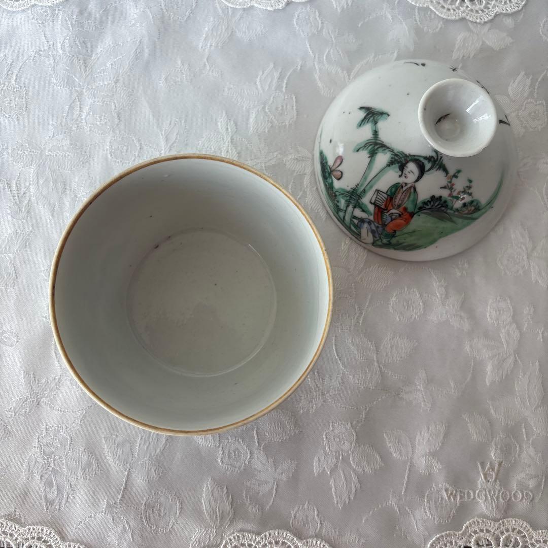 中国骨董 清朝後期〜中華民国 陶器中国美術 粉彩色絵人物図水注染付 蓋付き容器