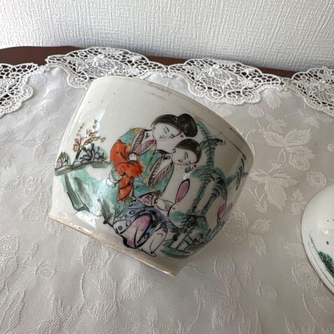 中国骨董 清朝後期〜中華民国 陶器中国美術 粉彩色絵人物図水注染付 蓋付き容器
