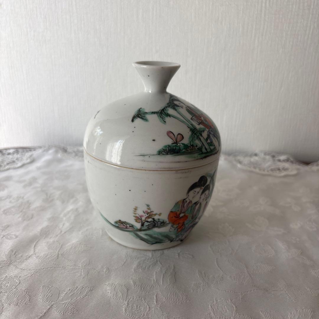 中国骨董 清朝後期〜中華民国 陶器中国美術 粉彩色絵人物図水注染付 蓋付き容器
