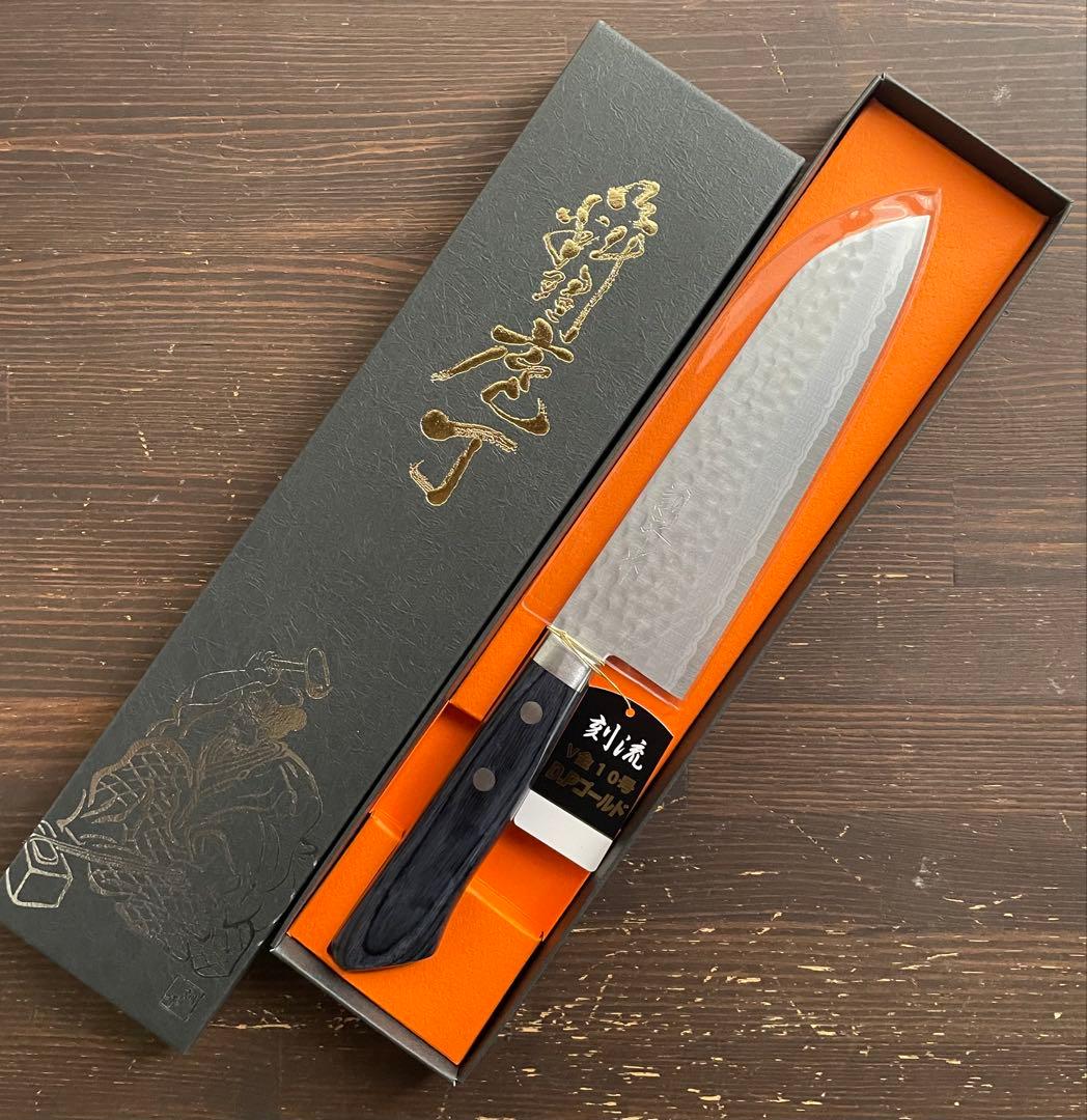 増谷刃物 訓平作 三徳包丁 VG10ステンレス 積層槌目（刻流）口金有 紺柄