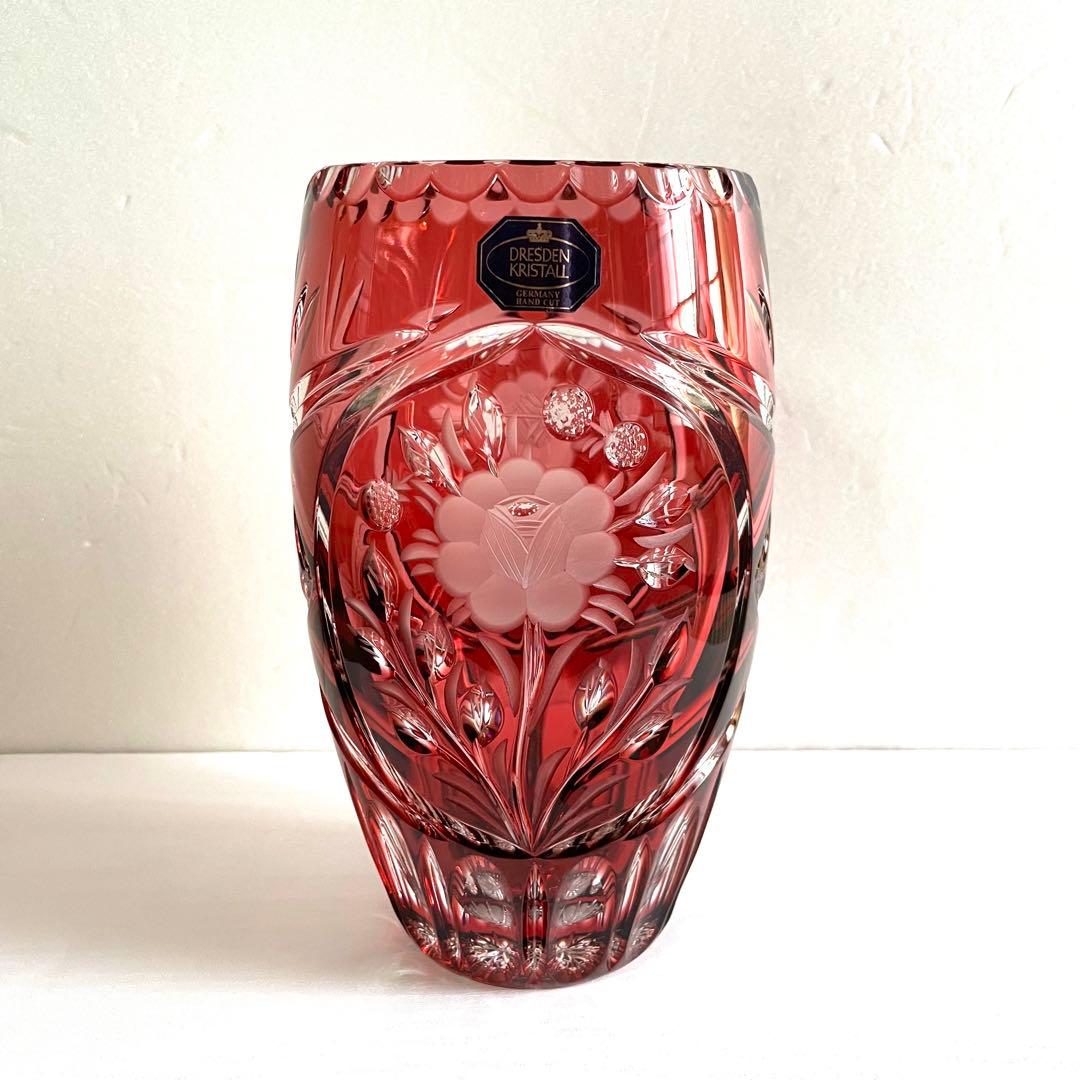 DRESDEN KRISTALL クリスタルガラス 切子 花瓶 レッド 未使用級