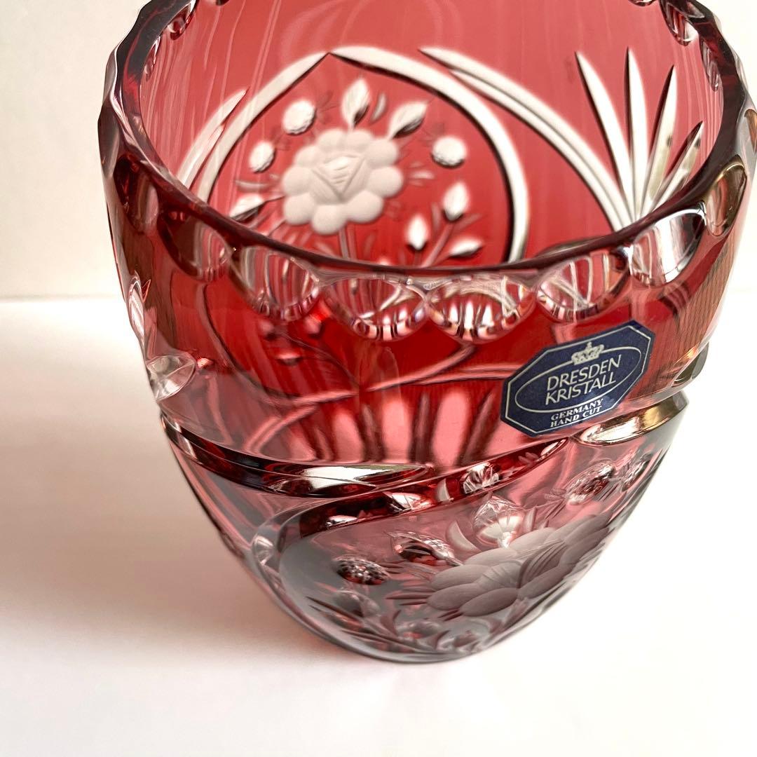 DRESDEN KRISTALL クリスタルガラス 切子 花瓶 レッド 未使用級