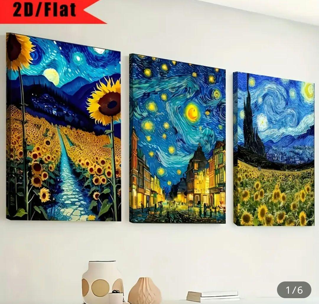 【額入り】ゴッホ 星月夜 ひまわりデザイン超軽量 キャンバス 風景画 3点セット