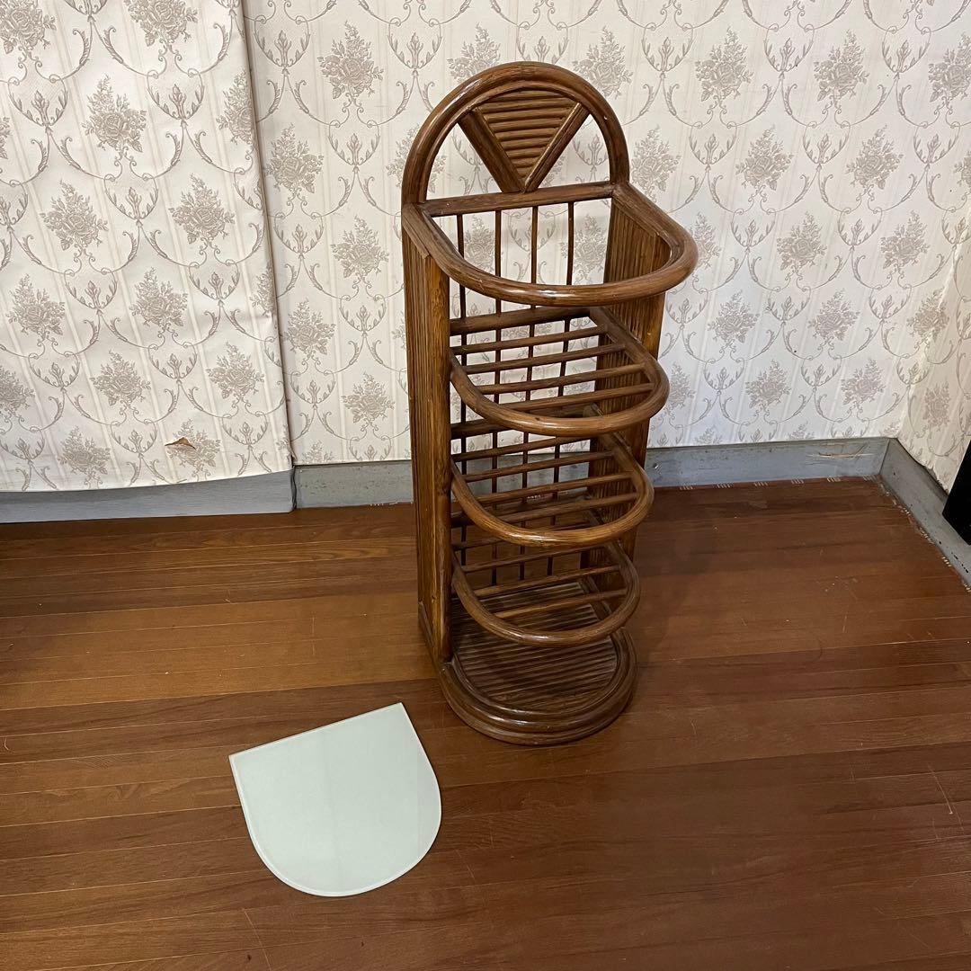 【アンティーク】籐 ラタン 5段 スリッパラック ガラス天板 昭和レトロ 古家具