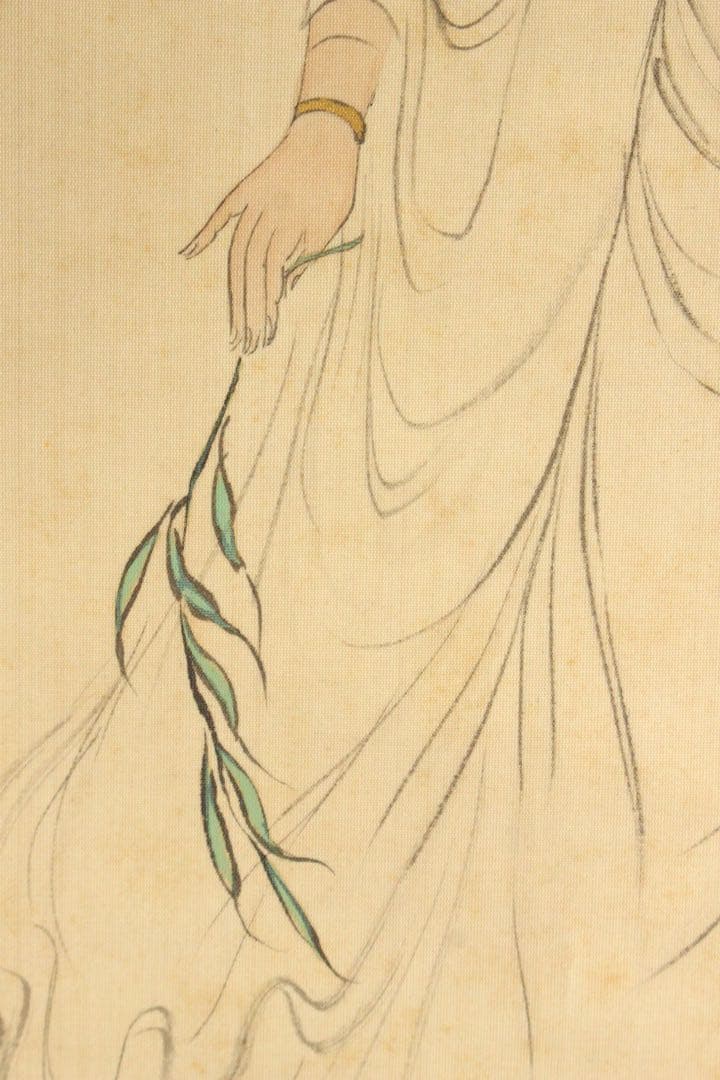 No5364掛軸　在銘　青雲　楊柳観音図　般若心経　絹本着色　仏教美術　送料無料