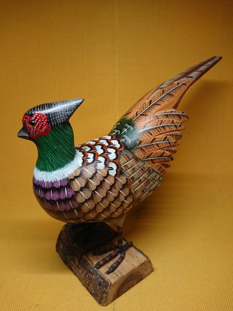 【美品】鳥　キジ　雉　木彫　手描き　置物　インテリア　工芸品　美術品　A1490
