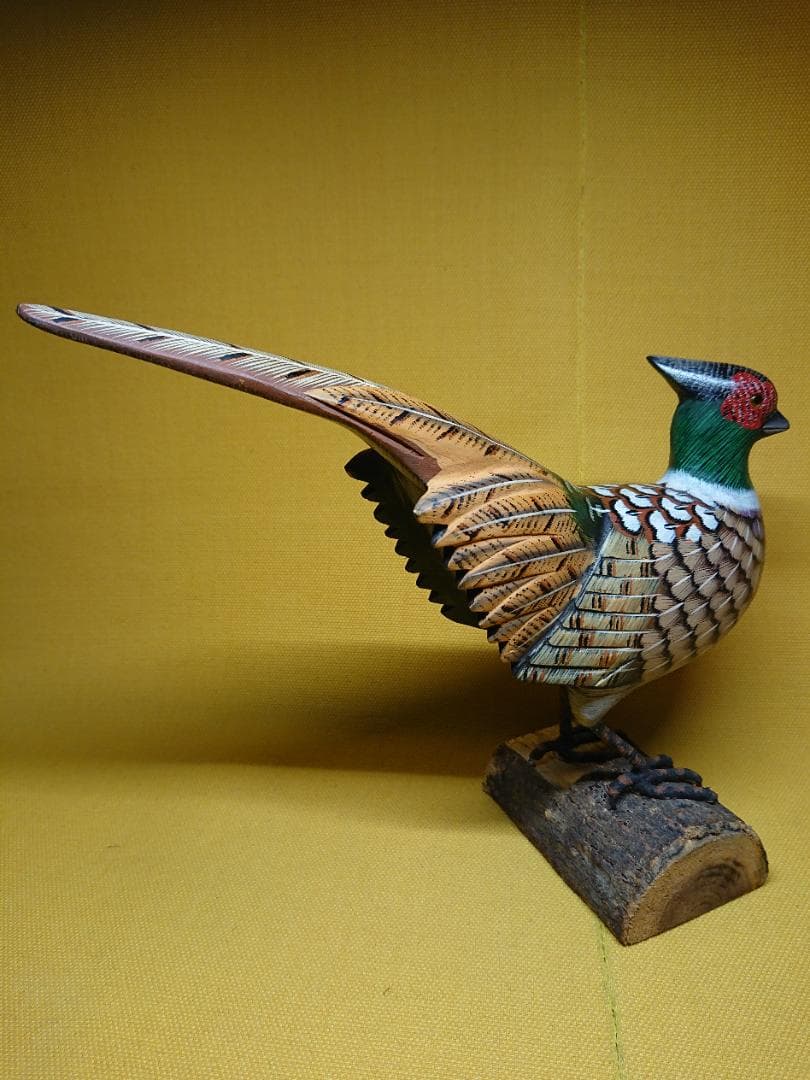 【美品】鳥　キジ　雉　木彫　手描き　置物　インテリア　工芸品　美術品　A1490