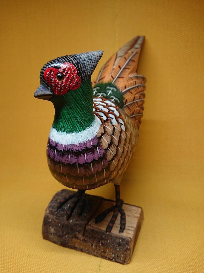 【美品】鳥　キジ　雉　木彫　手描き　置物　インテリア　工芸品　美術品　A1490