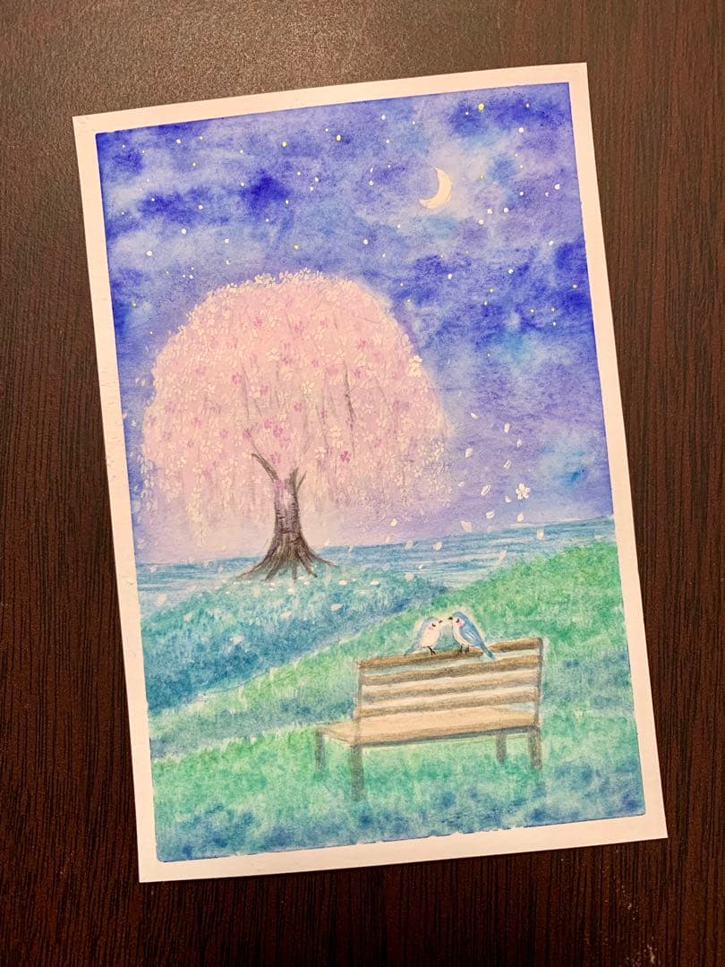水彩画　枝垂れ桜と小鳥さん　値段は※900円です