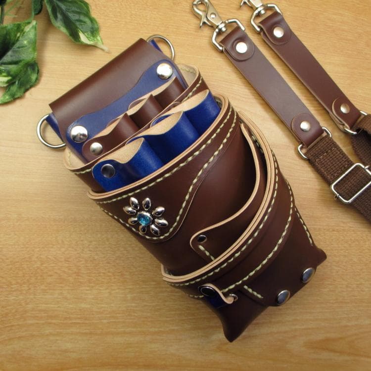 フラワースタッズ装飾　本革　ブラウン＆ネイビー　６丁差し　SCA-235/CBA