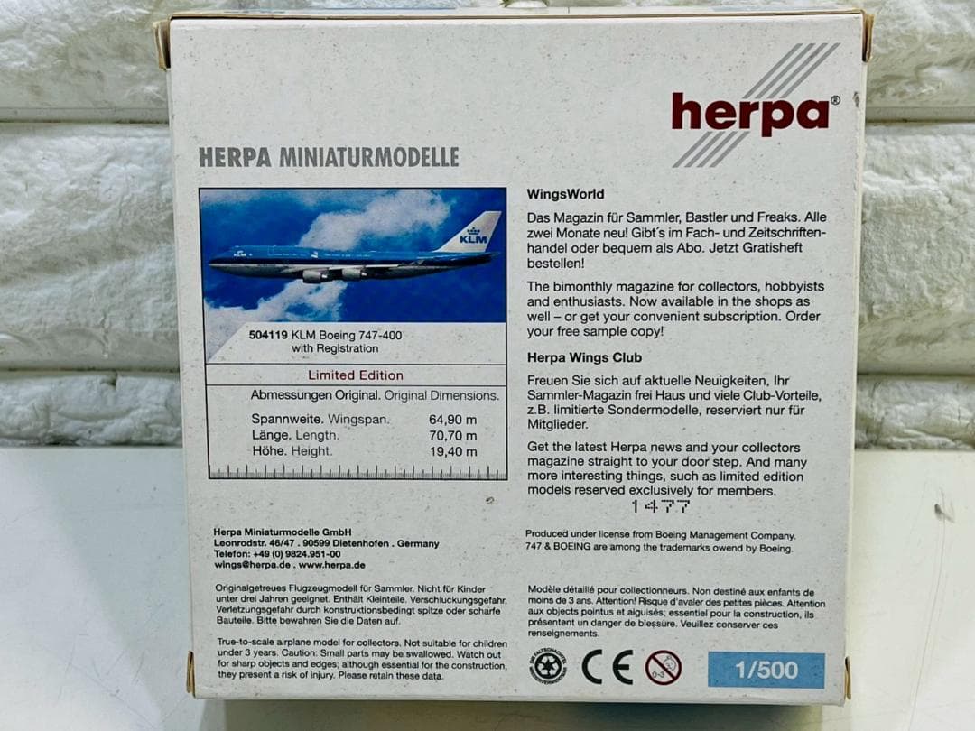 139Z herpa KLM オランダ航空 B747-400 1/500 模型
