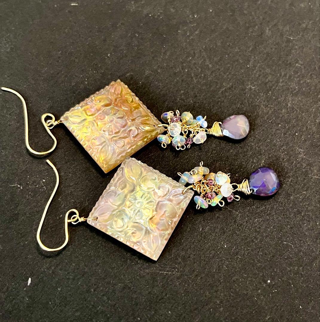 SALE14kgfブラウンシェル✖️水晶タブレットピアス