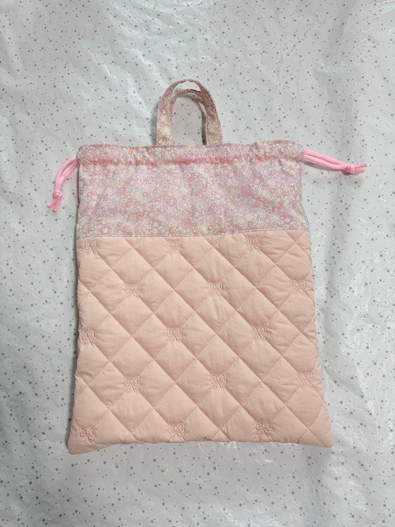キラキラミシェル×リボン刺繍キルト　レッスンバック上履き入れ体操服袋ハンドメイド