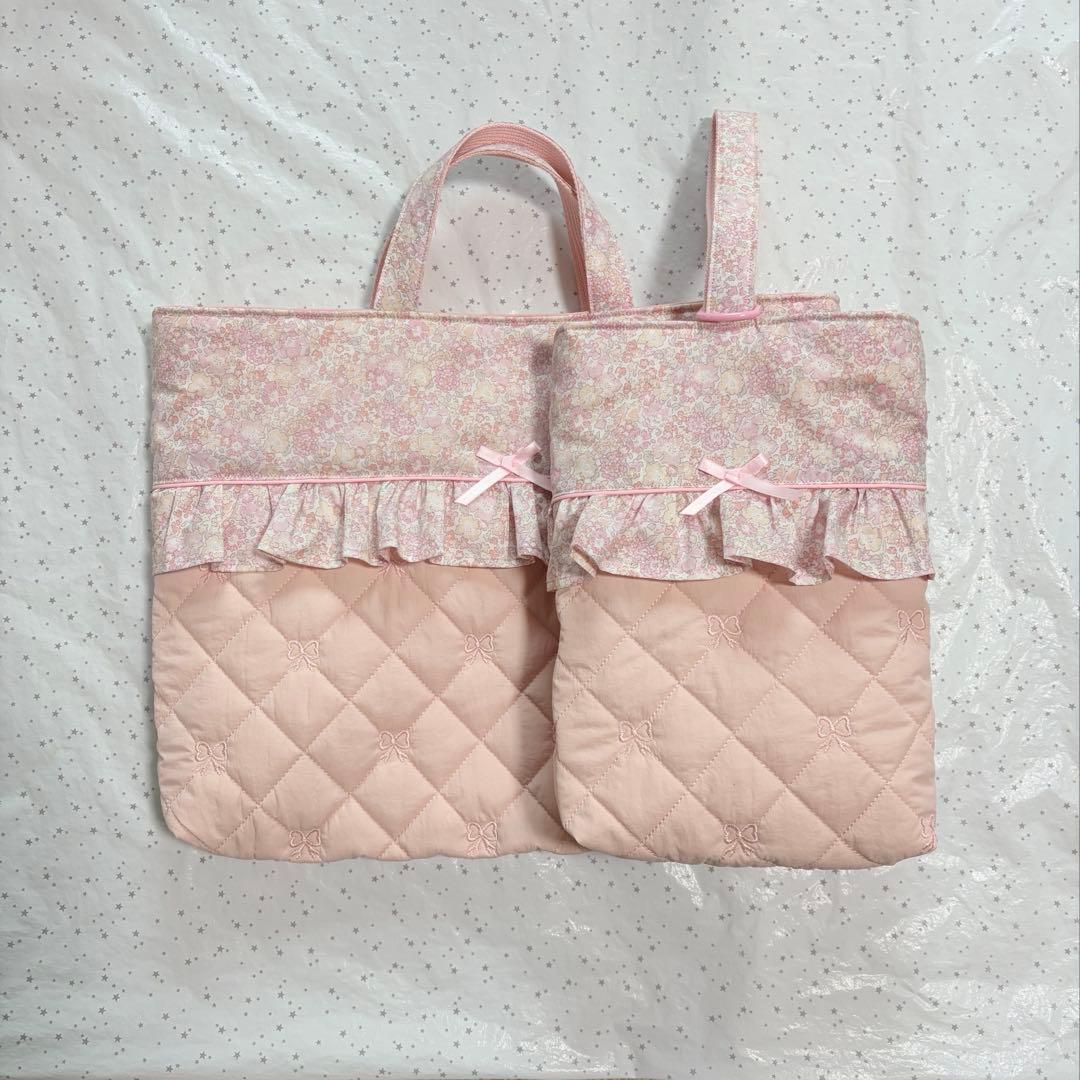 キラキラミシェル×リボン刺繍キルト　レッスンバック上履き入れ体操服袋ハンドメイド