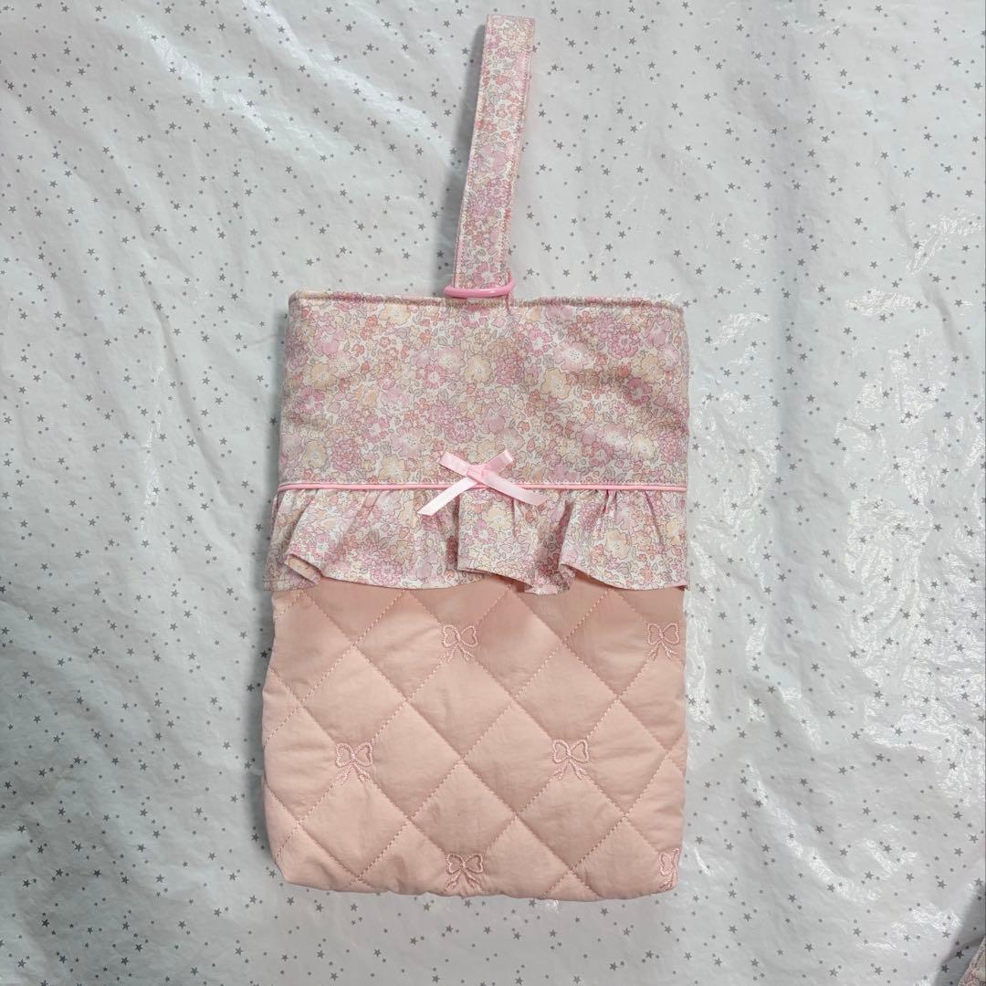 キラキラミシェル×リボン刺繍キルト　レッスンバック上履き入れ体操服袋ハンドメイド