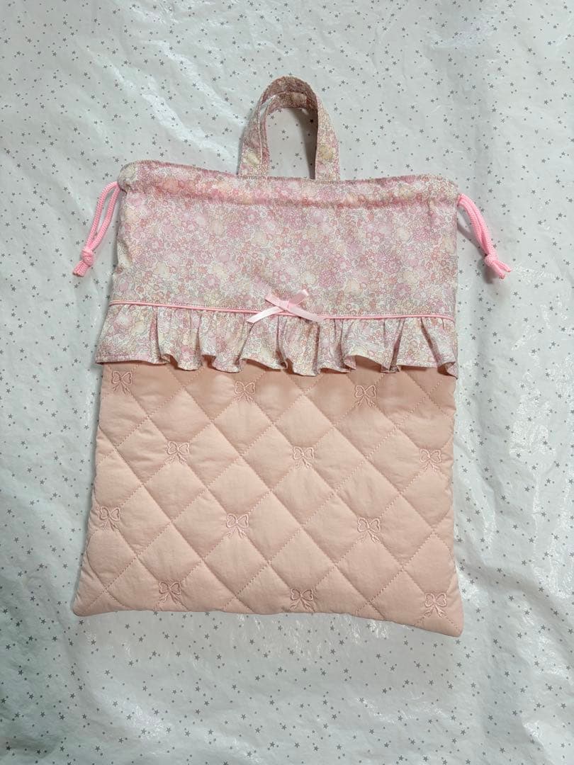 キラキラミシェル×リボン刺繍キルト　レッスンバック上履き入れ体操服袋ハンドメイド