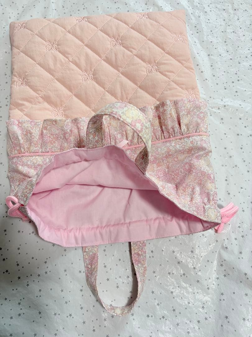 キラキラミシェル×リボン刺繍キルト　レッスンバック上履き入れ体操服袋ハンドメイド