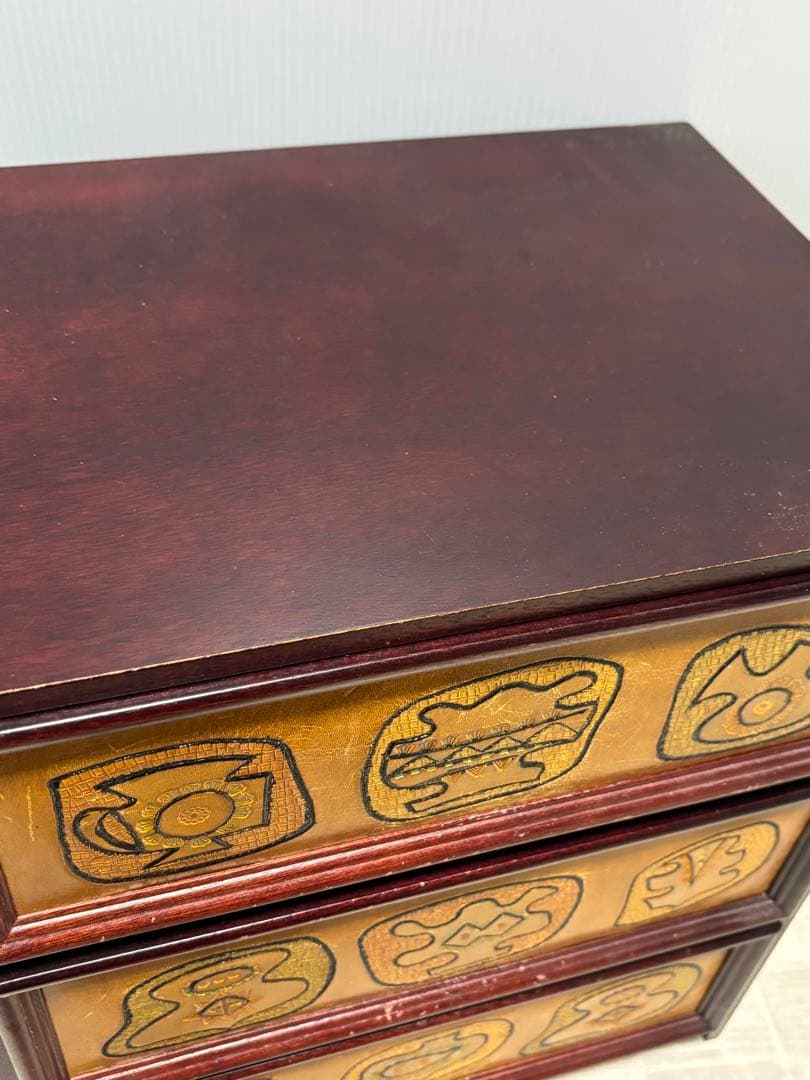 アンティーク　本革　木製レザー　小引き出し　3段引き出し　収納　ミニチェスト