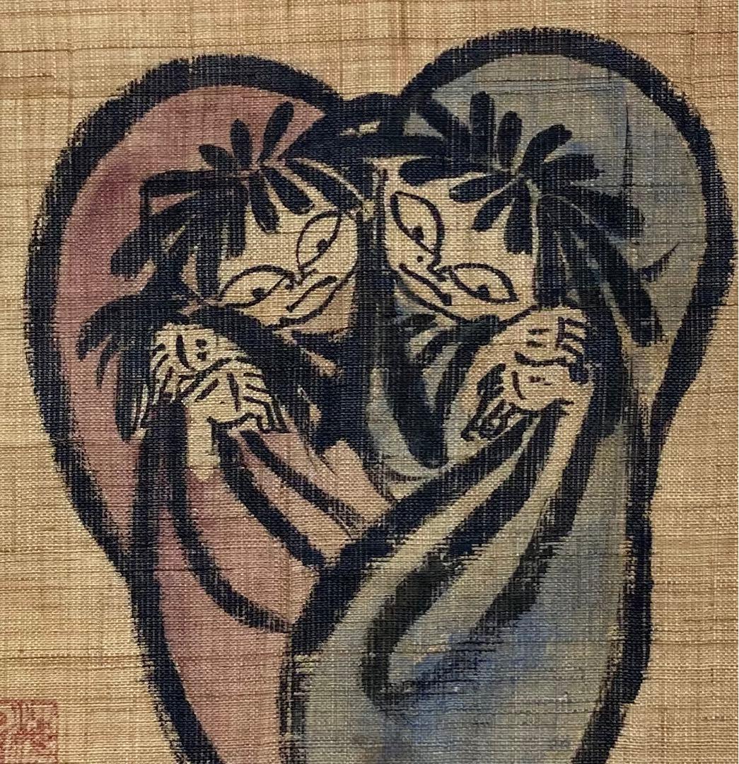 B155s  寒山拾得図  壁飾り　治海画　麻布　掛軸様式　彩墨画　布和紙表装