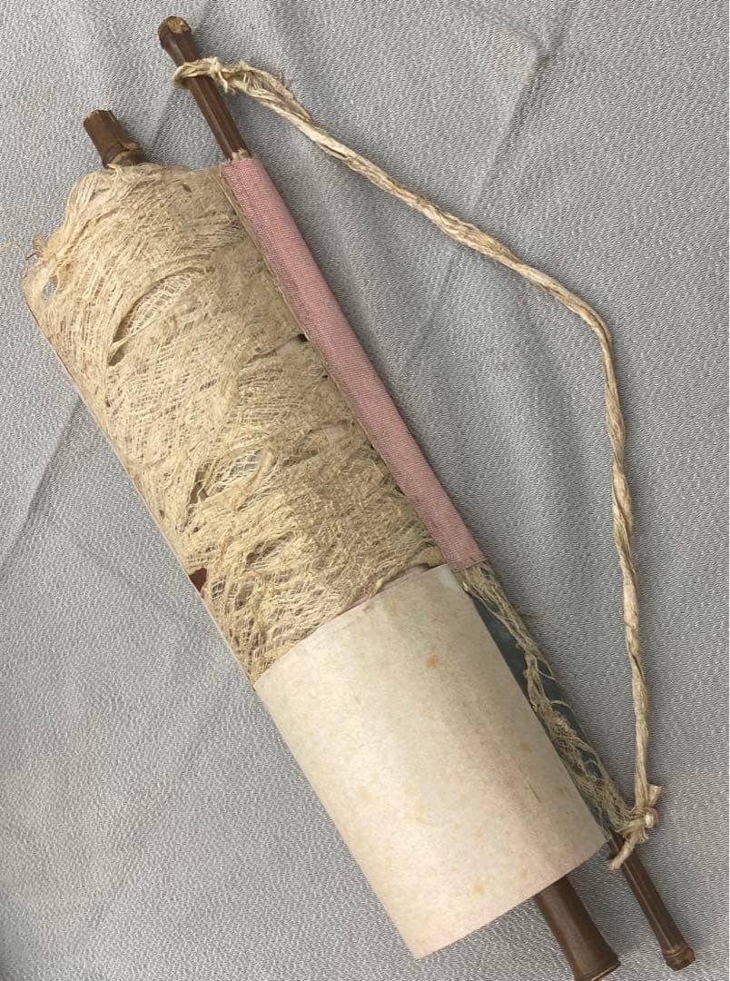 B155s  寒山拾得図  壁飾り　治海画　麻布　掛軸様式　彩墨画　布和紙表装