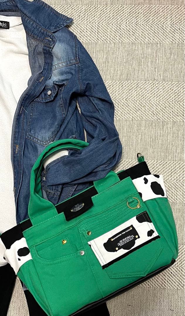 ゆずグリーンデニムリメイクバック（L）No.734☆ハンドバッグ