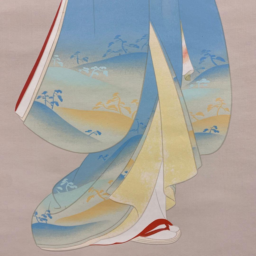 美品 掛け軸 上村松園筆「春信」シルクスクリーン 太巻き付 美人画