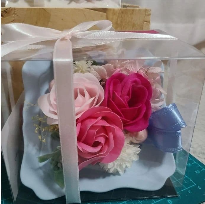 ハンドメイドソープフラワアレンジメント6セットまとめ売り額スタンド箱入歓送迎会