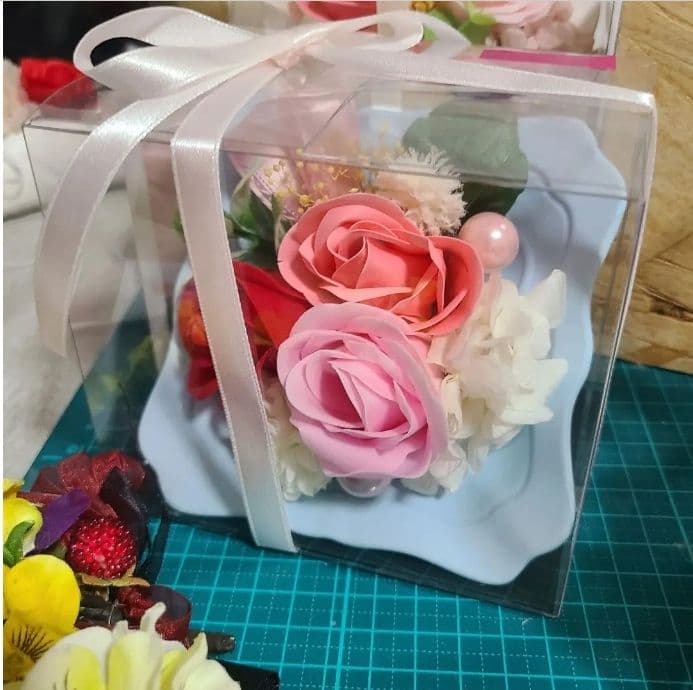 ハンドメイドソープフラワアレンジメント6セットまとめ売り額スタンド箱入歓送迎会