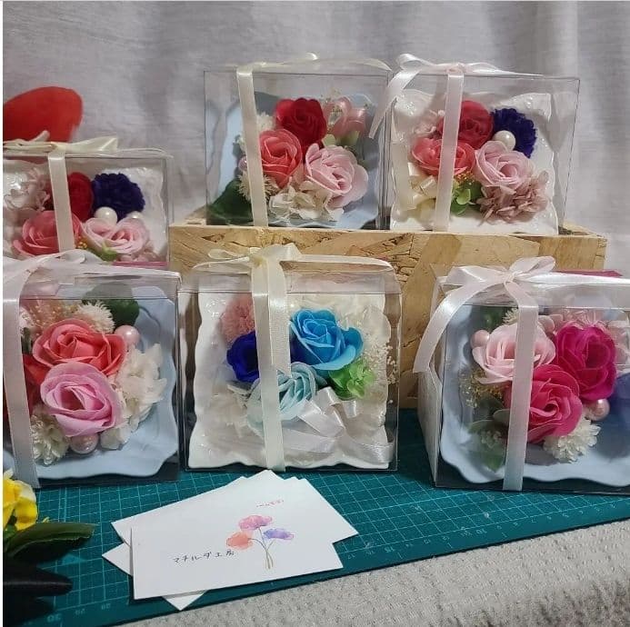 ハンドメイドソープフラワアレンジメント6セットまとめ売り額スタンド箱入歓送迎会