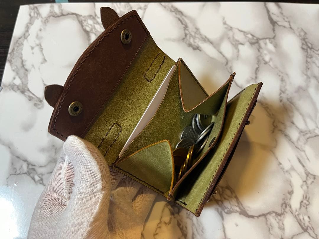 本革　三つ折り財布　マヤ、プエブロ　オリーブ