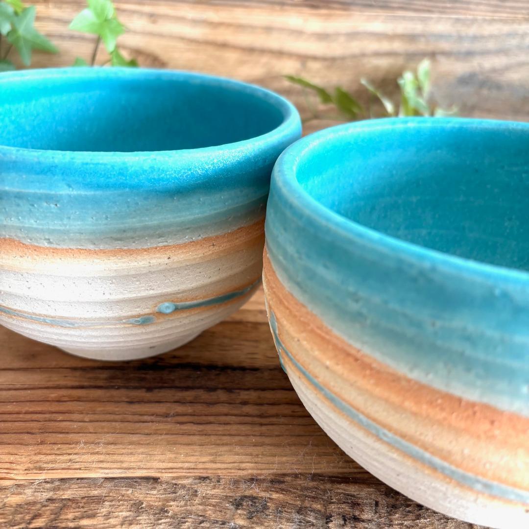 小丼 どんぶり 丼トルコブルーマットウェーブ ターコイズ 2個セット 美濃焼