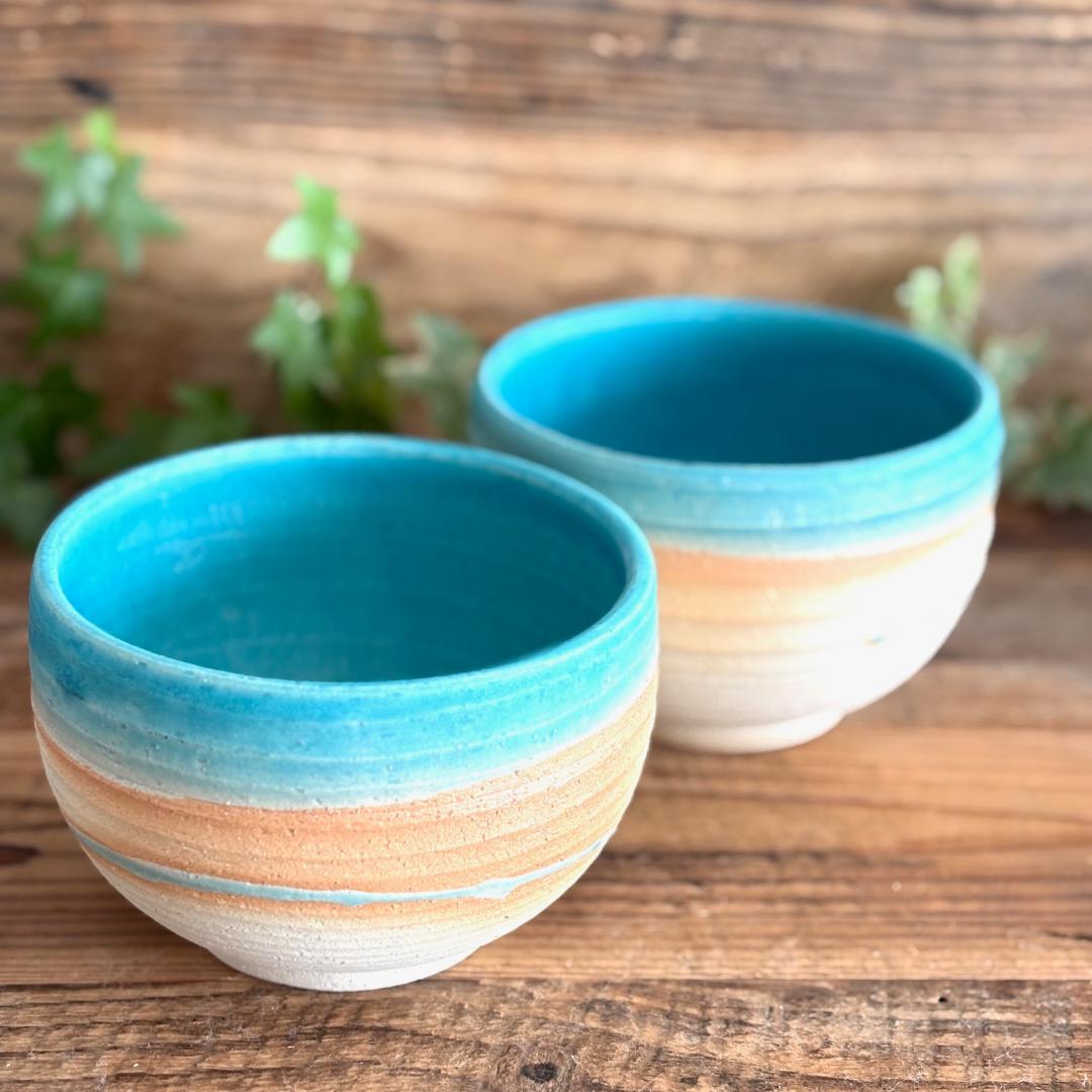 小丼 どんぶり 丼トルコブルーマットウェーブ ターコイズ 2個セット 美濃焼