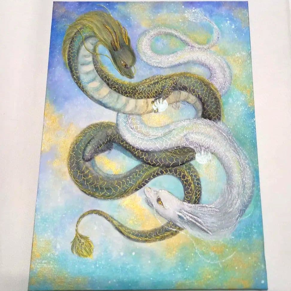 No.451 龍神 白龍 黒龍 双龍 開運絵画 大きめ F4サイズ