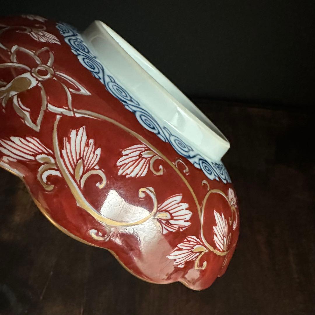 美しい色絵 金彩 花唐草絵付 輪花皿 源右衛門 有田焼 明治期