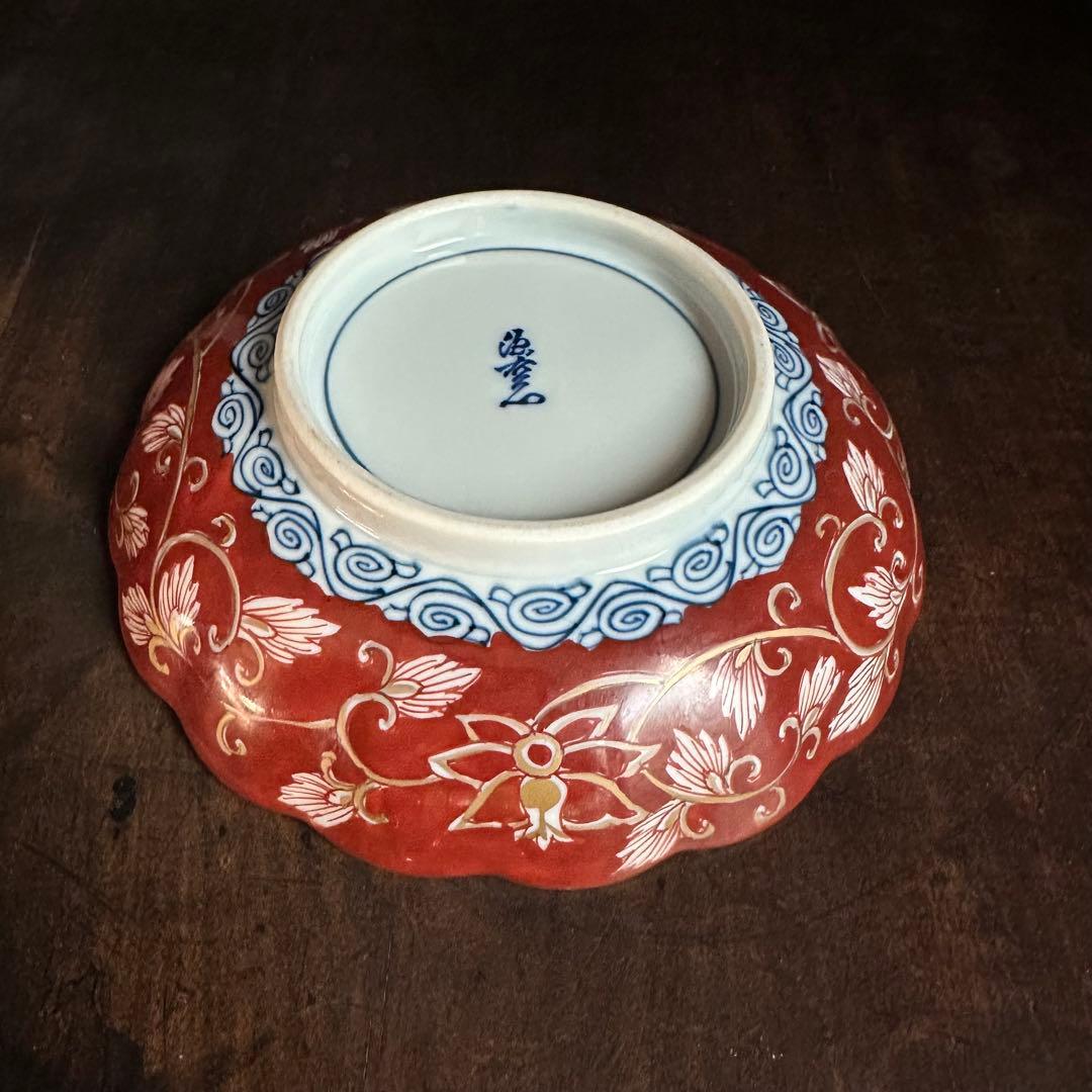 美しい色絵 金彩 花唐草絵付 輪花皿 源右衛門 有田焼 明治期