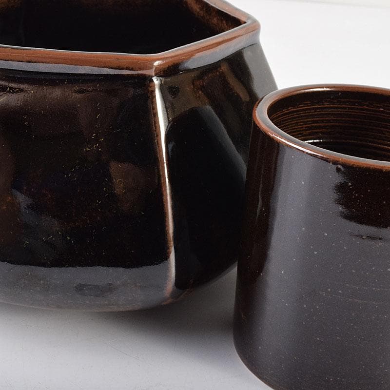 茶道具　膳所焼　陽炎園造　淡海ぜぜ　六角建水　花入　共箱　C　7090